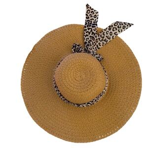 Straw Wide Brimmed Beach Hat with leopard print tie